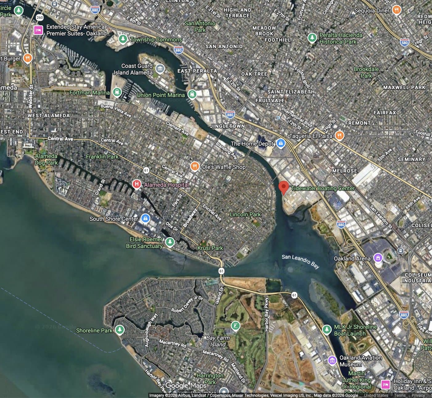 Satellite map showing the Tidewater Boating Center on the Oakland Estuary, just south of the High Street bridge between Oakland and Alameda